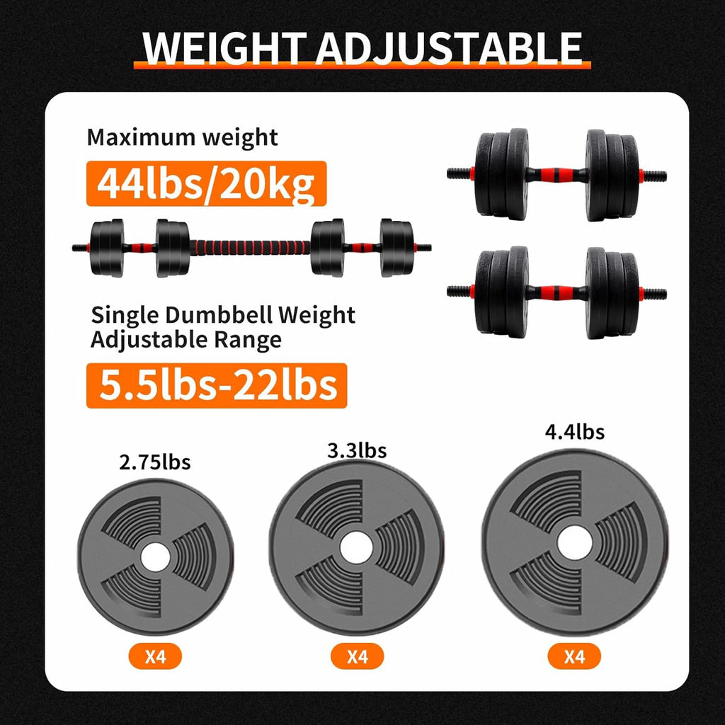 Adjustable Dumbbell & Barbell Set, 5–44LB Anti-Slip