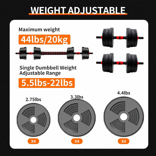 Adjustable Dumbbell & Barbell Set, 5–44LB Anti-Slip